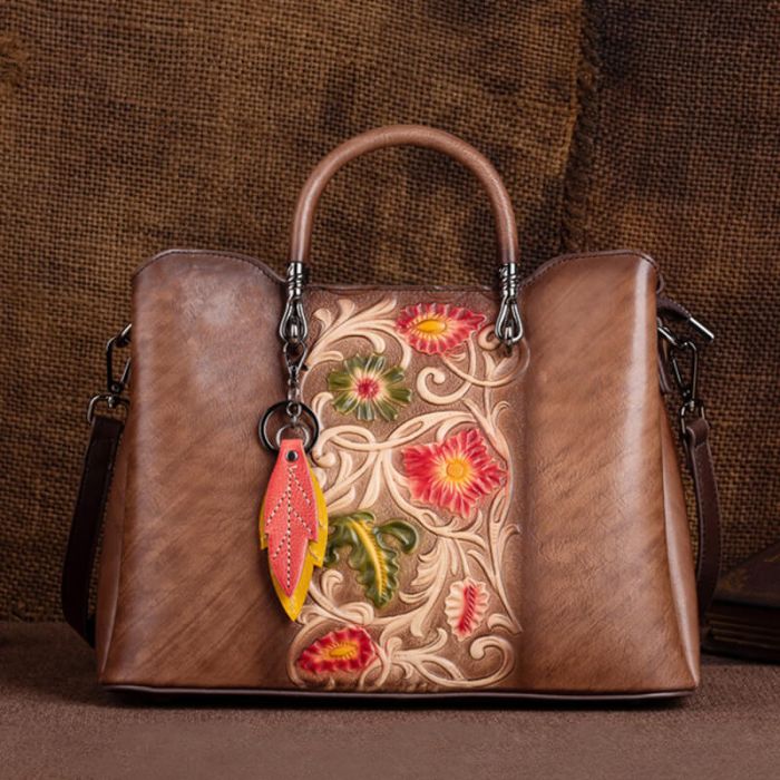 Vintage Damen Handtasche Leder Blumenmuster Umhängetasche mit Griff