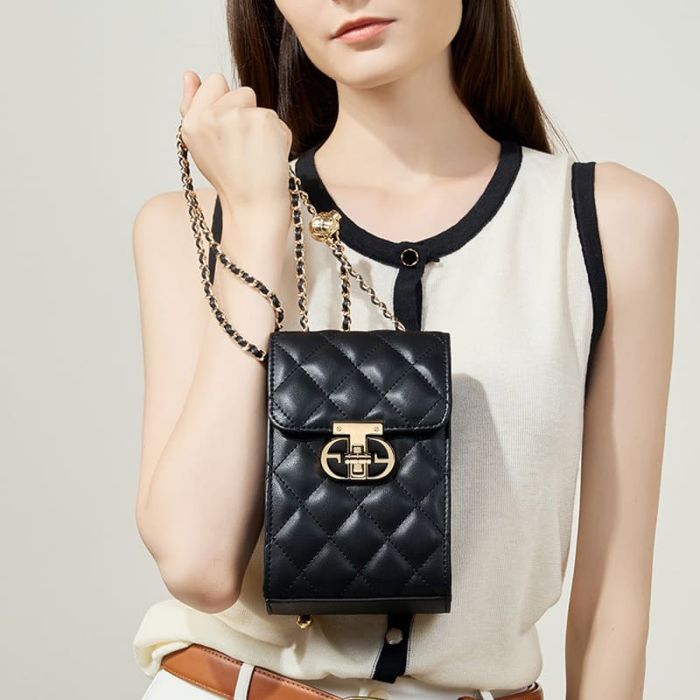 mini Umhängetasche Leder Damen Handytasche mit Kette