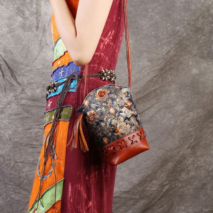 kleine Umhängetasche Damen Handytasche mit Stickerei und Leder