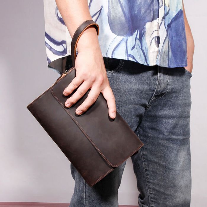 Clutch Leder Handgelenktaschen für Herren Braun Pochette 