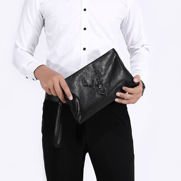 Herren Clutch Schwarz Leder kleine Tasche mit Handschlaufe handgelenktasche