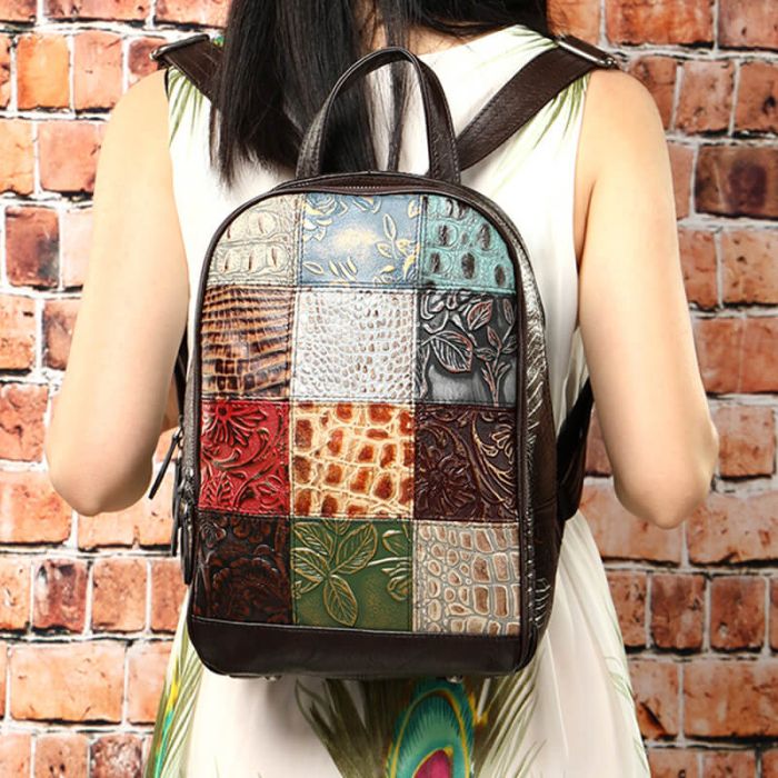 vintage Leder Rucksack Damen bunt viele Fächer