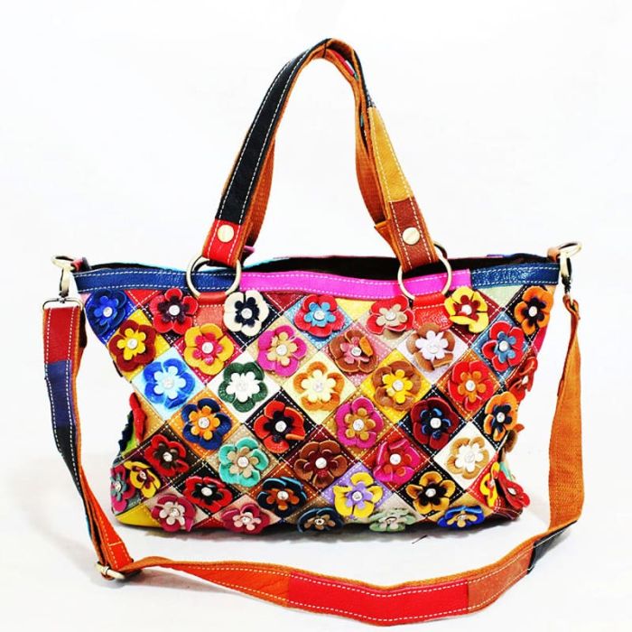 große Handtasche Damen Leder bunt Umhängetasche mit Blumen