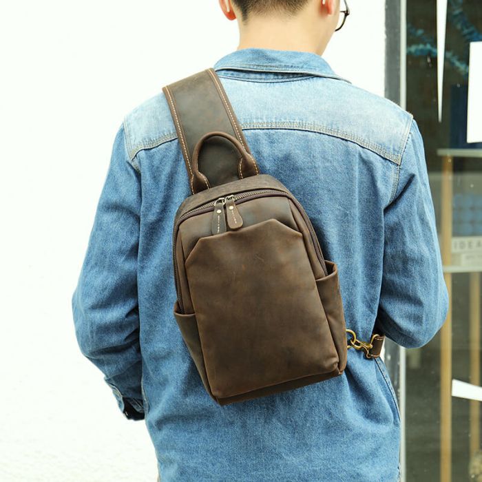 Herren Leder Brusttasche für Rucksack mit einem Gurt