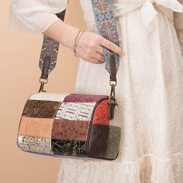 Retro Umhängetasche Damen Leder bunt mit breitem Band