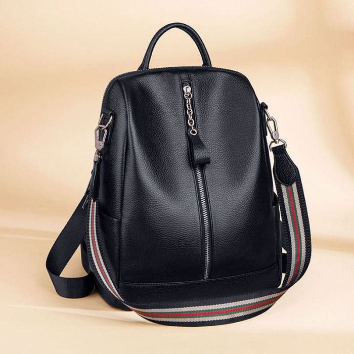 schwarzer Damen Leder Rucksack Schultertasche Kombi modern