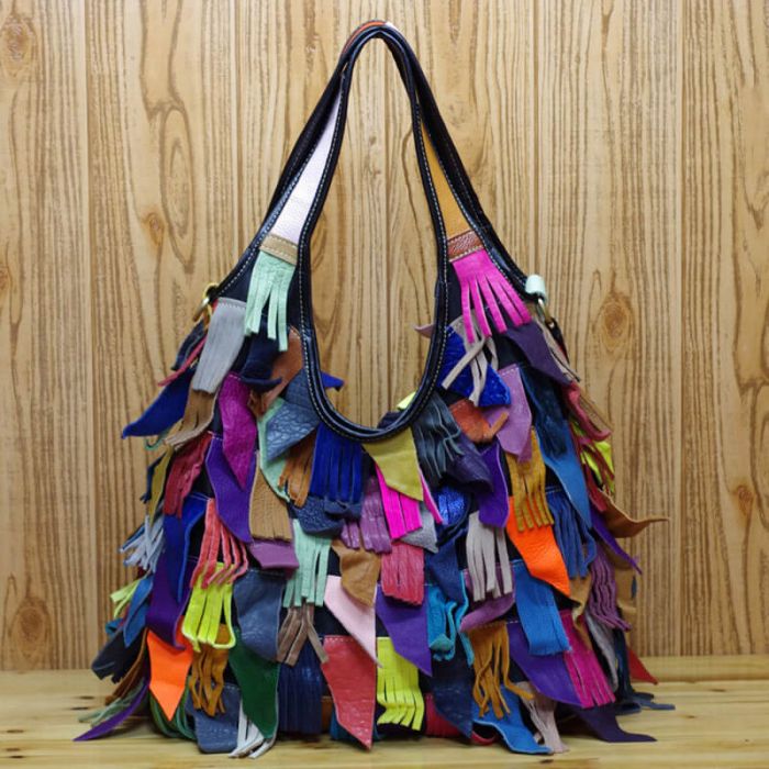 Damen große Handtasche Leder mit Quasten Umhängetasche