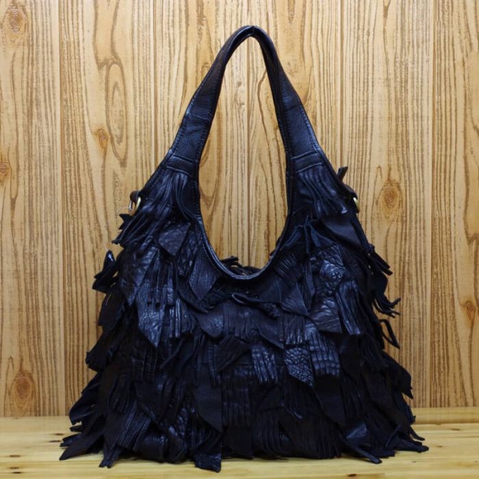 Damen große Handtasche Leder mit Quasten Umhängetasche