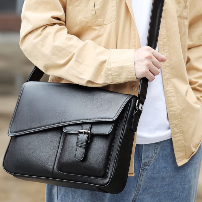 schwarze Umhängetasche Herren weiches Leder für Arbeit Crossbody Bag