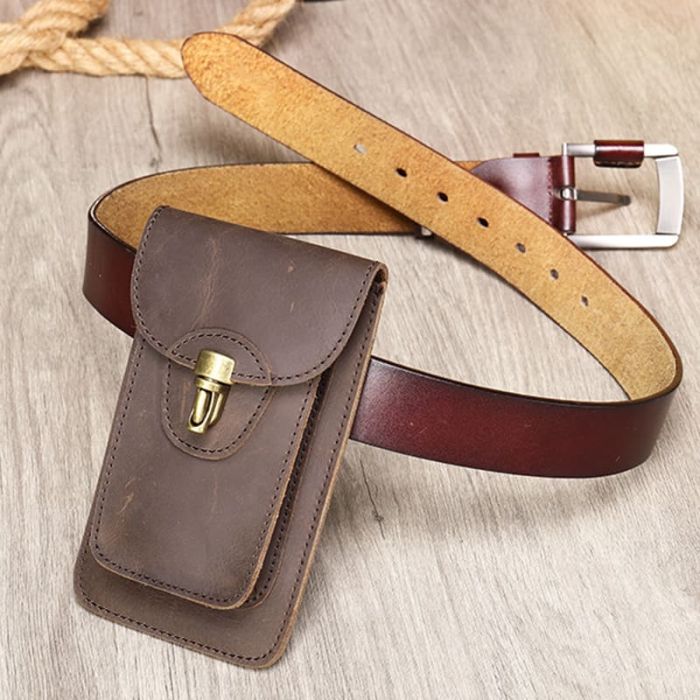 Herren Gürteltasche Leder braun Hüfttasche klein mit Steckverschluss