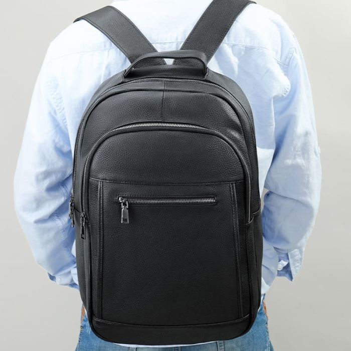 Herren Rucksack Leder schwarz mit Laptopfach für Kurzreisen