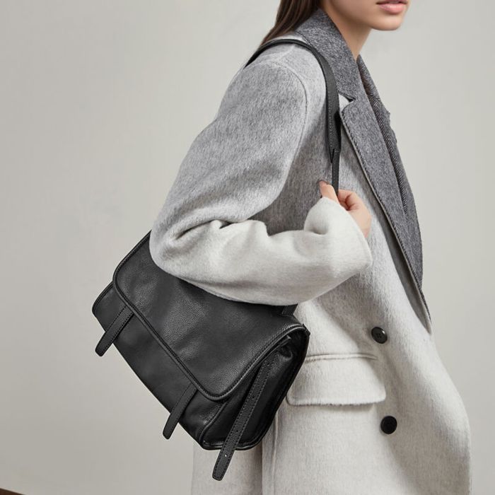 elegante Umhängetasche Damen Leder Schultertasche in Schwarz und Kaffeebraun