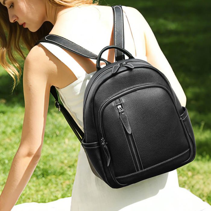 Damen Rucksack weiches Leder schwarz mit Reißverschlussfächern
