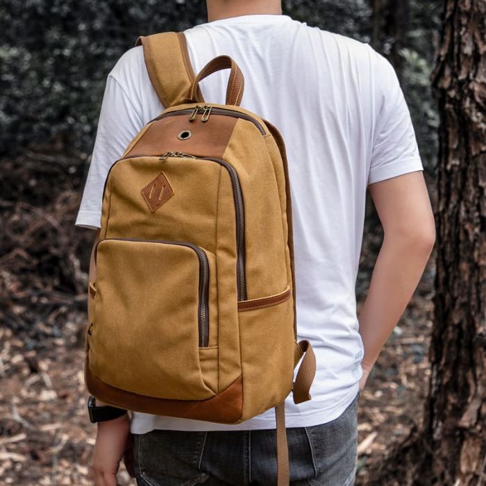 Vintage Rucksack gewachstes Canvas Herren Leder Backpack mit Laptopfach