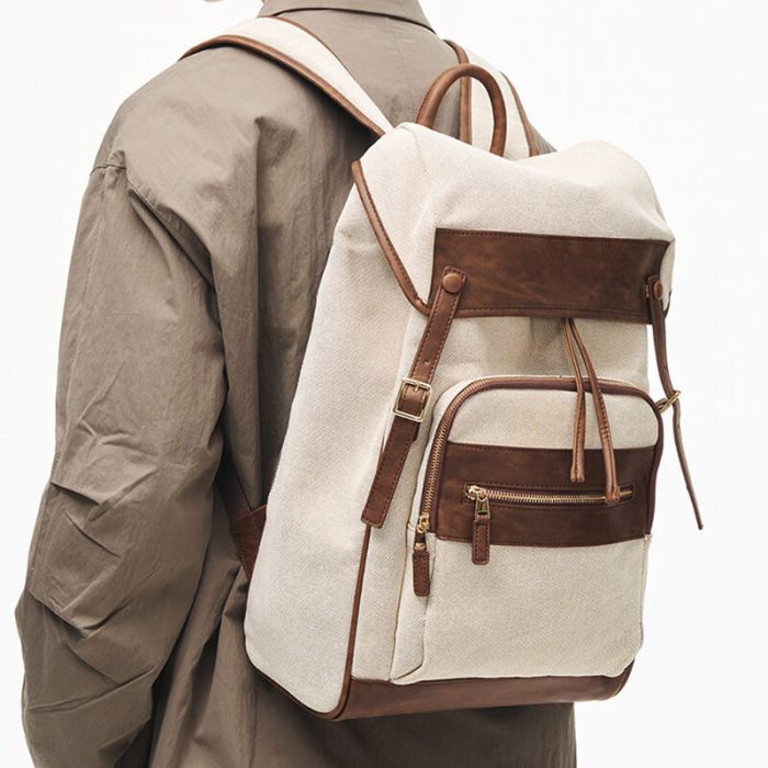 Herren Rucksack aus Leder Canvas mit Kordelzug und Taschenklappe
