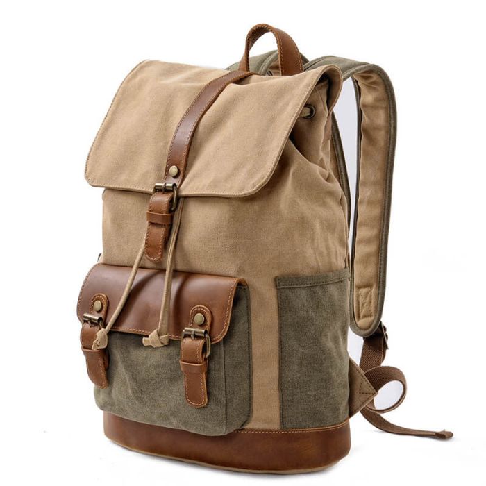 großer Rucksack Herren Canvas mit Laptopfach Kordelzug Grau und Khaki