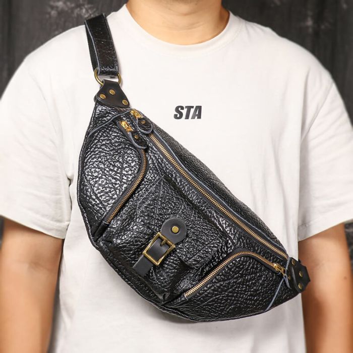Outdoor Hüfttasche Herren Leder Brusttasche Männer schwarz