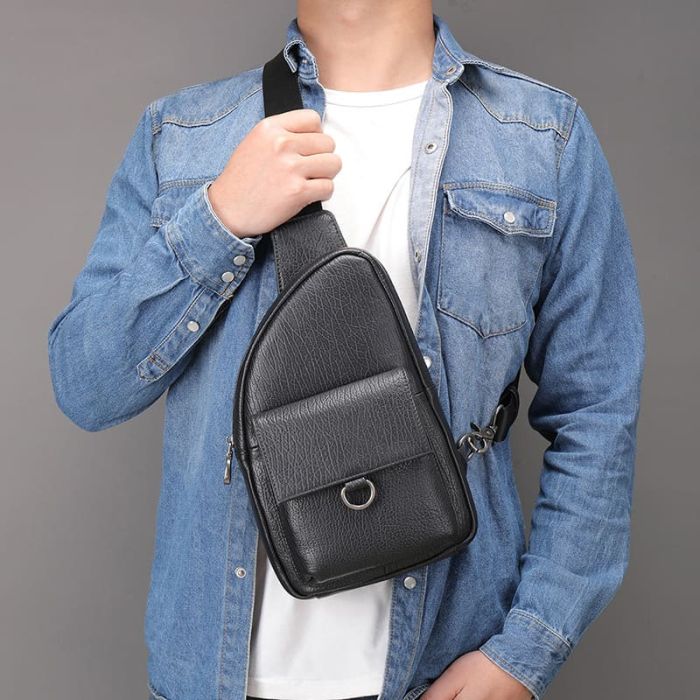 schwarze Brusttasche Leder Herren Umhängetasche Brustbeutel
