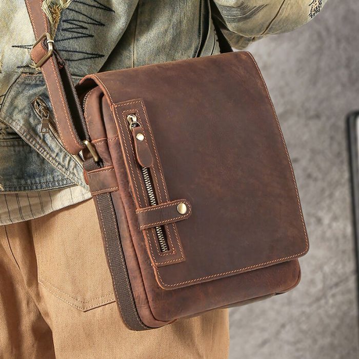 Vintage Umhängetasche Herren Leder braun für Alltag mit Reißverschluss