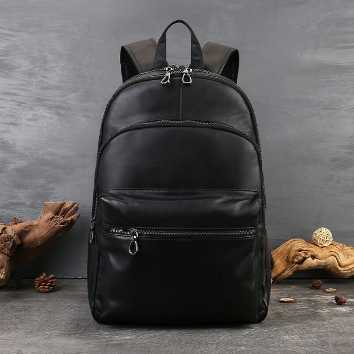 schwarzer Lederrucksack Damen Rucksack mit USB Anschluss für Alltag