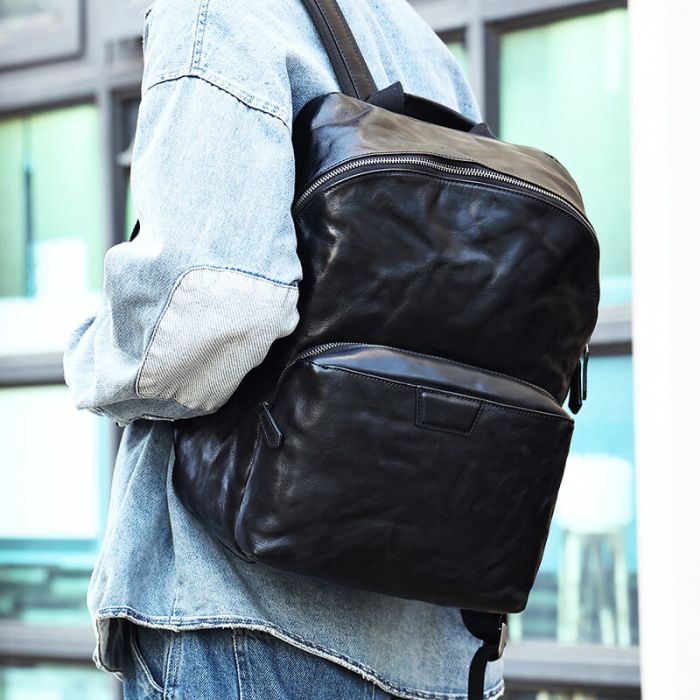 schwarz Rucksack Herren Leder mit Laptopfach für Arbeit