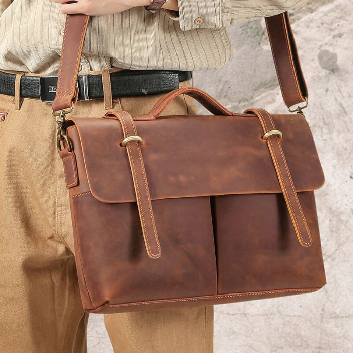 Handtasche Herren Aktentasche Crazy Horse Leder Vintage Businesstasche mit vielen Fächern