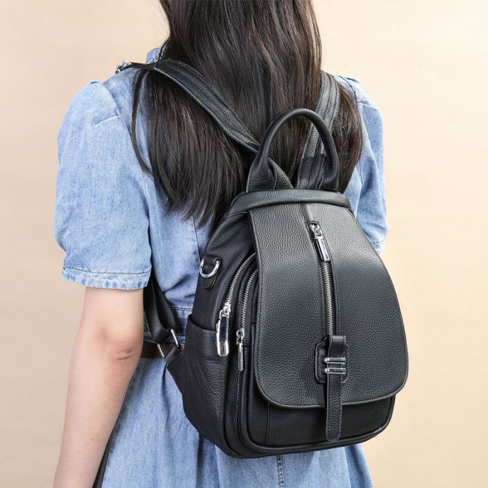 kleiner Rucksack Schultertasche 2in1 Damen Leder schwarz Backpack Frauen