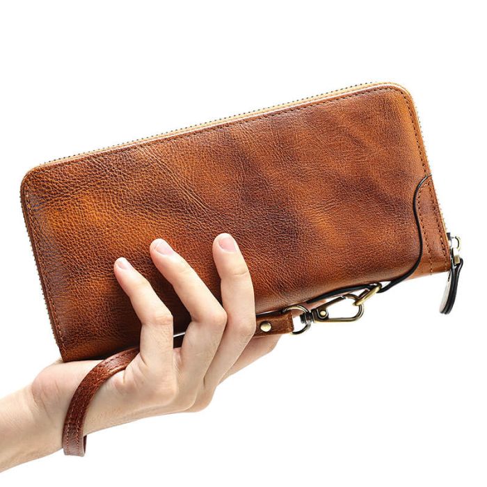 Herren Geldbörse Leder lang Portemonnaie Vintage RFID Schutz mit Reißverschluss