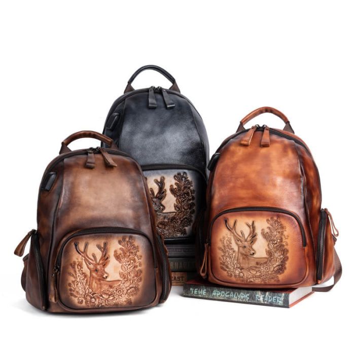 Vintage Leder Rucksack Damen mit Hirschmotiv und USB Anschluss