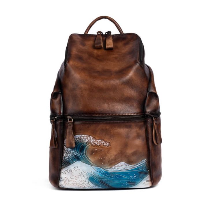 Damen Rucksack Leder Vintage groß mit Wellen