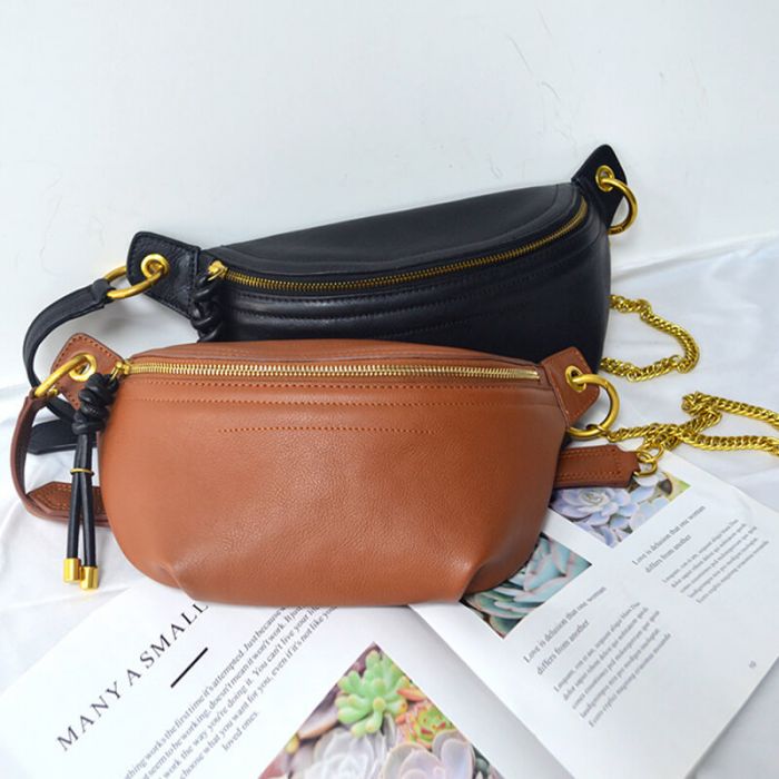 Hüfttasche Damen Leder Bauchtasche mit Kette