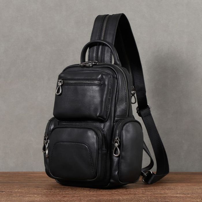 Herren Brusttasche Leder schwarz Brustbeutel Eingurt Rucksack Herren