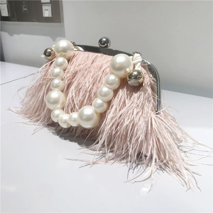 Abendtasche Federn Party Tasche Damen mit Perlenkette