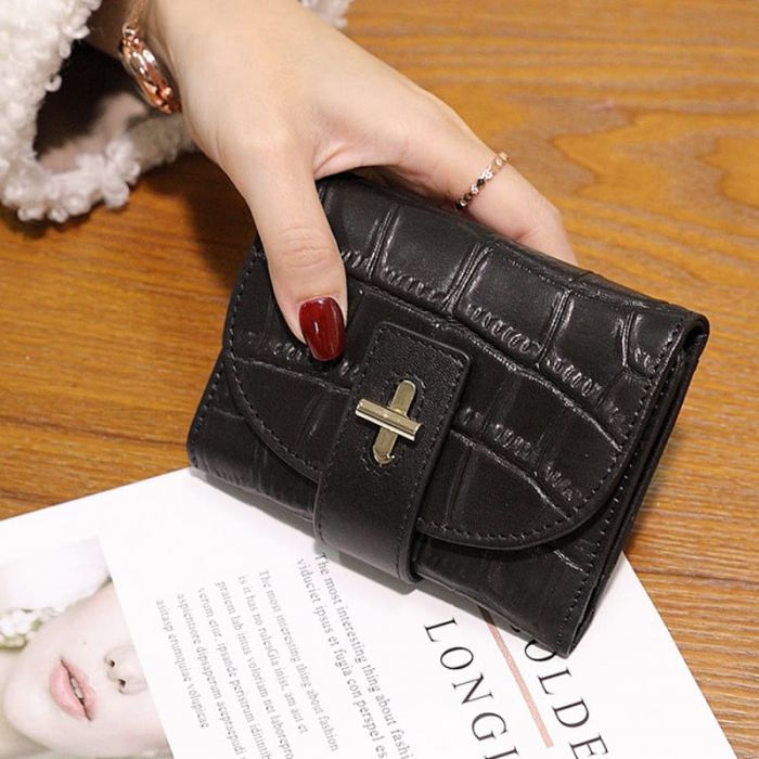 Damen Leder Geldbörse schwarz Portemonnaie klein mit Kartenfächern