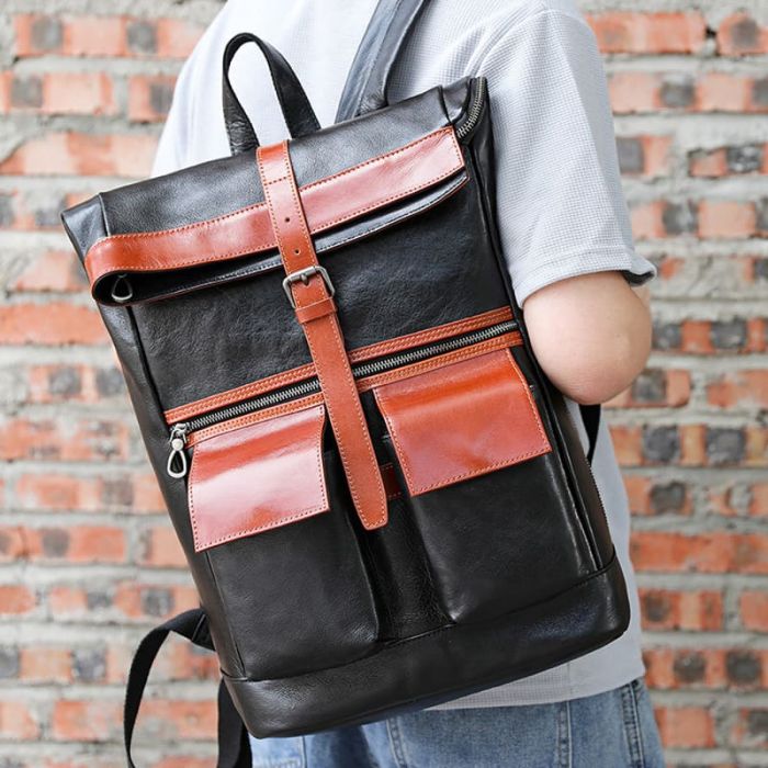 rolltop Rucksack Herren Leder schwarz mit Reißverschluss und Laptopfach
