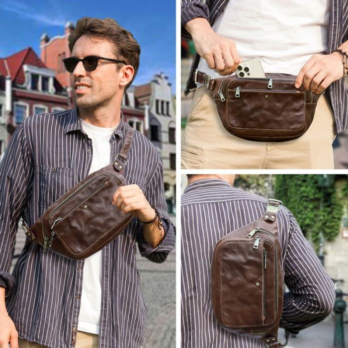 braune Hüfttasche Herren Gürteltasche Brusttasche aus Leder für Reisen