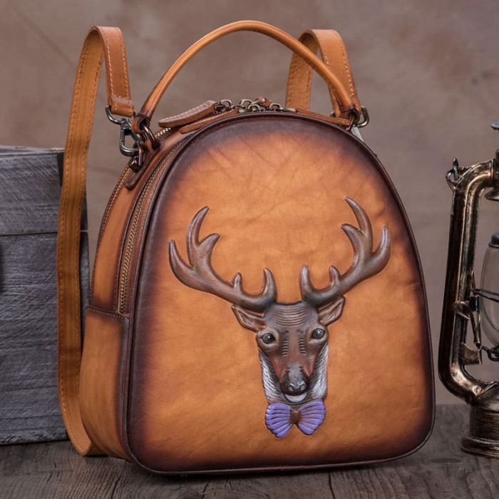 Vintage Damen Rucksack Schultertasche 2 in 1 für Alltag aus Leder mit Hirsch