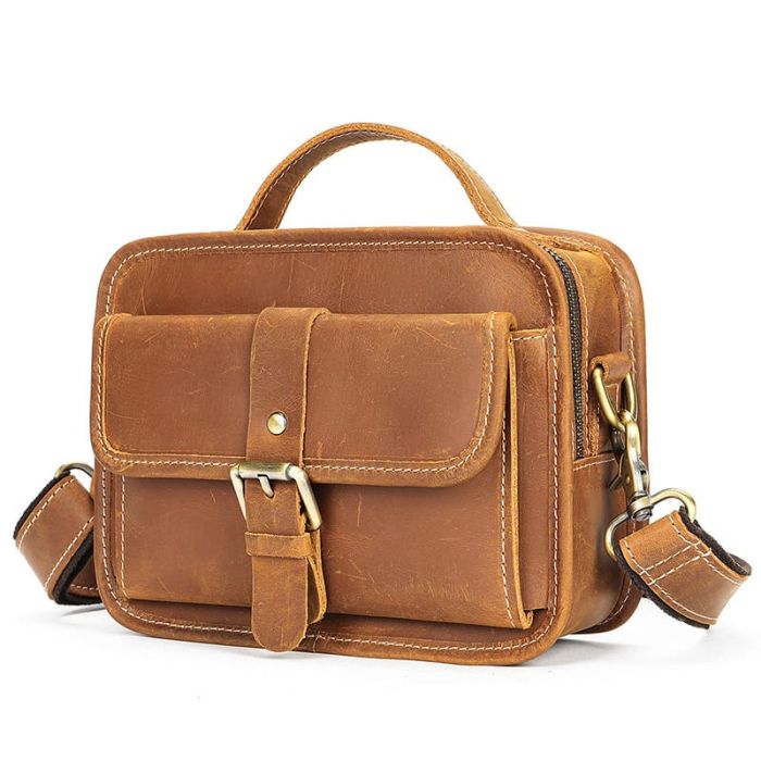 Vintage Herren Leder Umhängetasche klein mit Griff