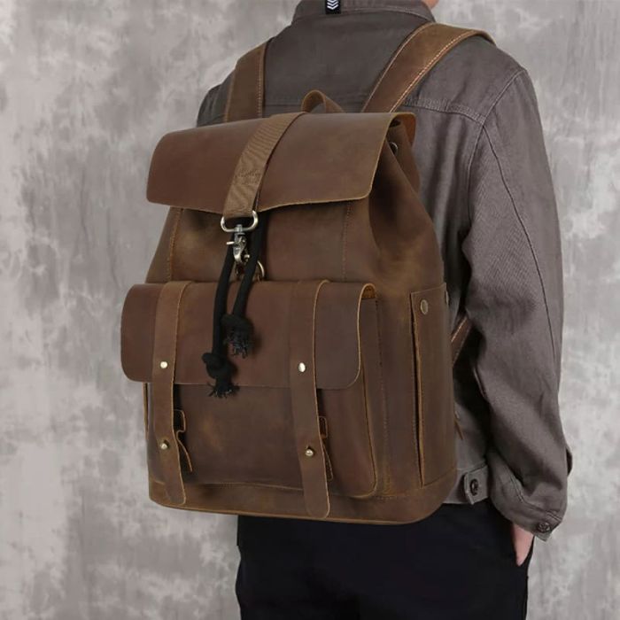 Vintage Rucksack Herren Leder Kordelzug mit Laptopfach